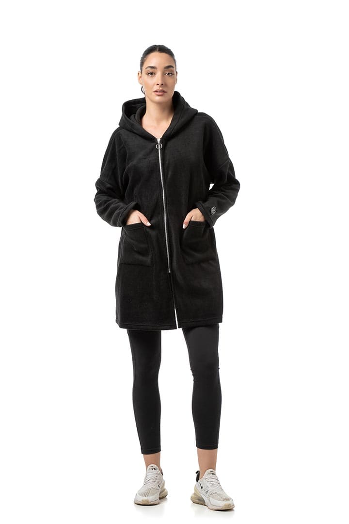 Ζακέτα fleece μακρυά με τσέπες #1474 - Μαύρο